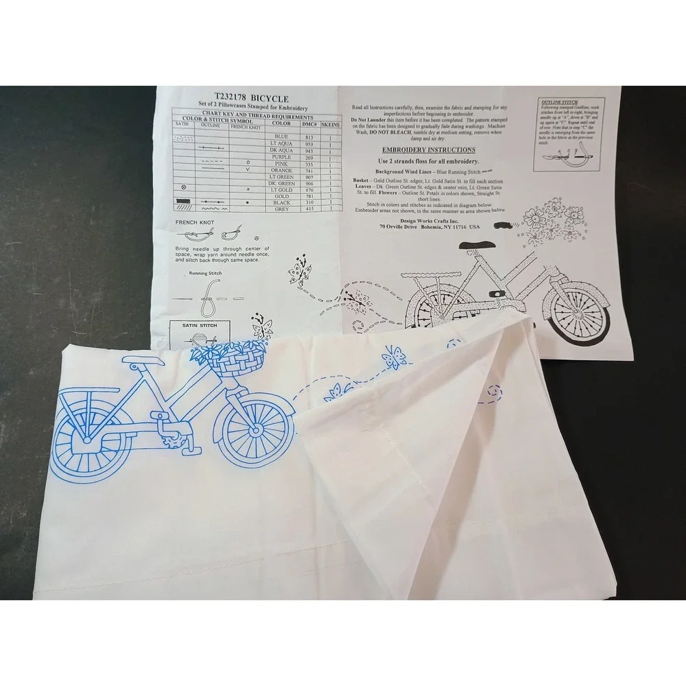 Pair of Tobin Home Crafts Bicycle Pillowcases Embroidery‎ Stamped Standard Size